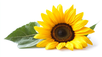 Fototapeta premium A vibrant sunflower with green leaves on a bright background showcasing natural beauty