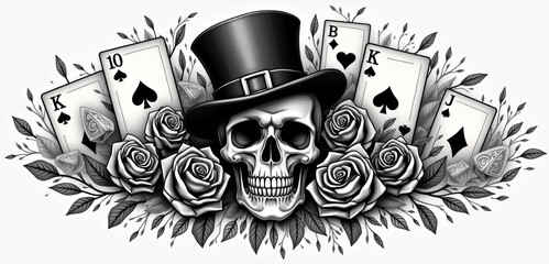 A striking monochrome illustration featuring a skull with a top hat, surrounded by roses and playing cards, perfect for gaming, tattoo design, or Halloween themed projects.