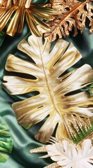 Golden palm leaves with tropical elements for spring design inspiration