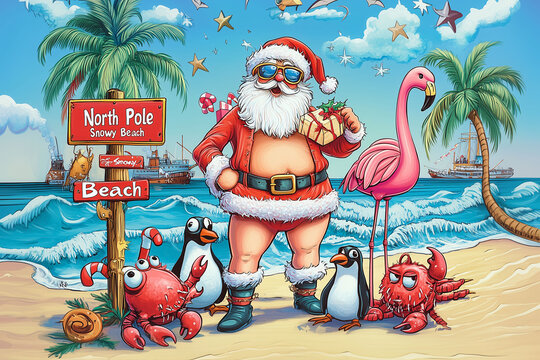 Lustiger Weihnachtsmann am Strand im Retro Style, Vintage Weihnachtsillustration mit Pinguinen, Flamingo und Krabbe im Cartoon Style