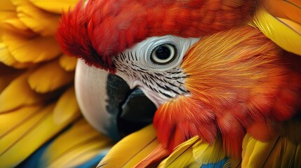 Obraz premium Close-up of a vibrant parrotas colorful feathers, focusing on its sharp beak and intelligent eyes.