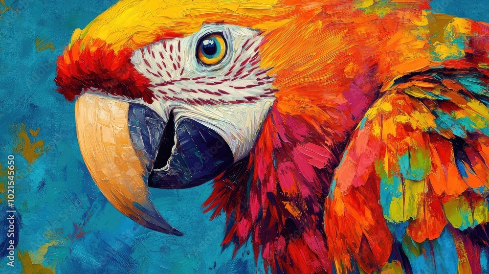 Poster close-up of a vibrant parrotas colorful feathers, focusing on its sharp beak and intelligent eyes.