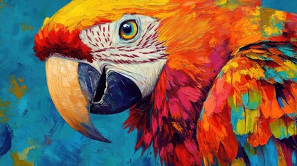 Close-up of a vibrant parrotas colorful feathers, focusing on its sharp beak and intelligent eyes.