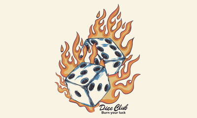 Dice graphic print design apparel, stickers, posters and background. Love card artwork. Sport club. Dice fire vintage artwork. 