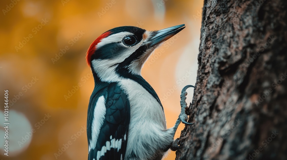 Poster close-up of a woodpeckeras sharp beak and black and white feathers as it clings to the side of a tre