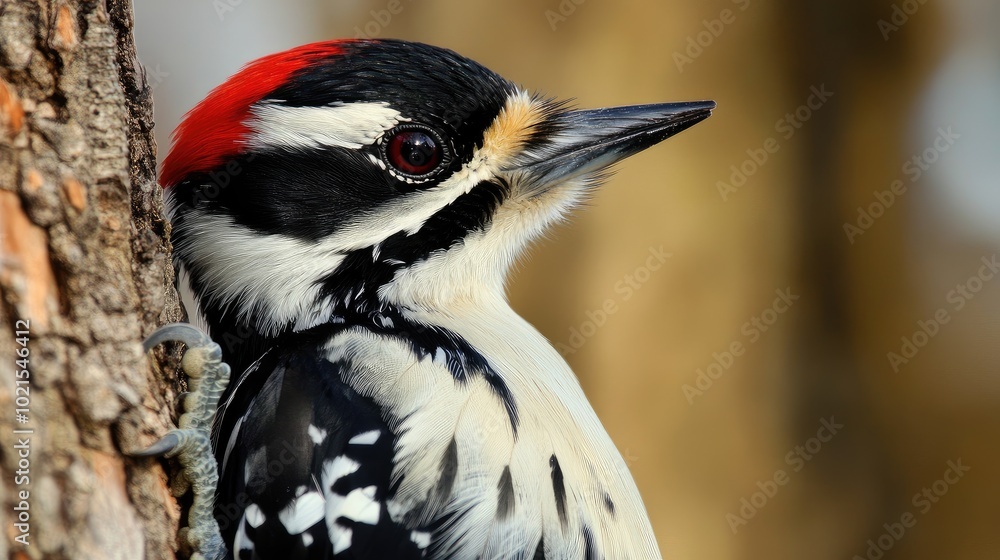 Poster close-up of a woodpeckeras sharp beak and black and white feathers as it clings to the side of a tre
