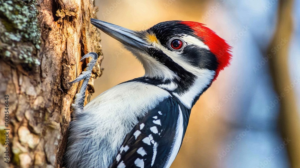 Poster close-up of a woodpeckeras sharp beak and black and white feathers as it clings to the side of a tre