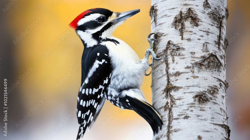 Poster close-up of a woodpeckeras sharp beak and black and white feathers as it clings to the side of a tre