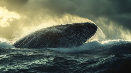 Obraz premium Close-up of a whaleas blowhole as it surfaces to breathe, with water spraying into the air above the ocean.
