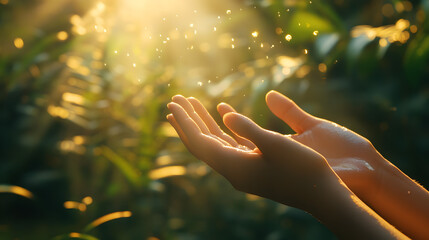 Sunlit hands gently reaching upward, surrounded by shimmering droplets in a serene, green natural setting, symbolizing connection with nature and tranquility