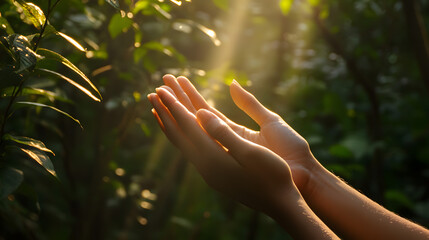 Sunlit hands gently reaching upward, surrounded by shimmering droplets in a serene, green natural setting, symbolizing connection with nature and tranquility