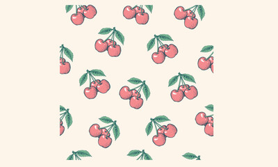 Organic food artwork for for t-shirt. Fruit vintage t-shirt design. Cherry repeat design. Nature fruit club print design. Sweet cherry pattern artwork.  Cherry fruit print. 