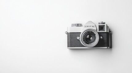 camera on a white background, with a lens cap off, focusing on the simplicity and joy of photography as a hobby