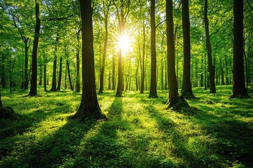 Obraz premium A vibrant green forest with tall trees casting long shadows on the grassy floor as the sun shines through the canopy.