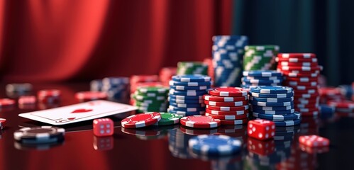 A vibrant arrangement of poker chips and playing cards on a glossy surface, perfect for casino themed projects, gambling promotions, or game night designs.