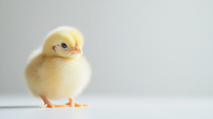 Fototapeta premium A close-up of a fluffy yellow chick standing on a smooth surface against a light backdrop