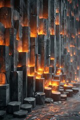 Fototapeta premium Glowing basalt columns in a dark cave