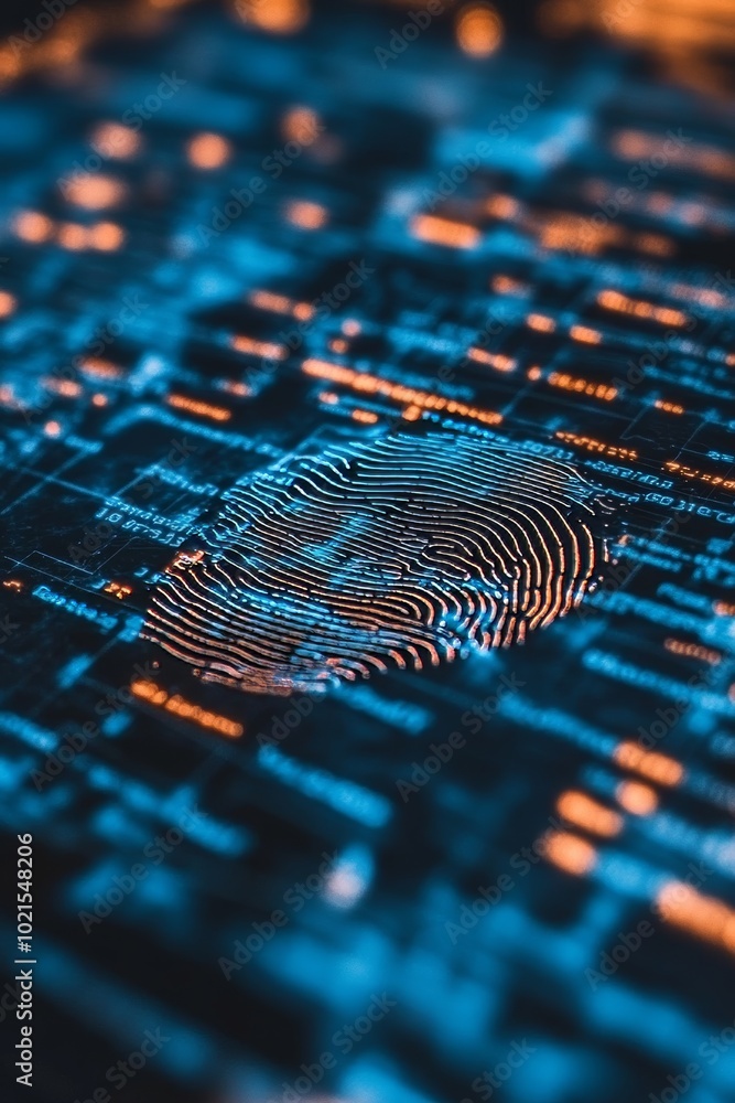 Poster futuristic fingerprint identity authentication on circuit board, digital security background