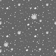 Vector illustration. Christmas and New Year seamless pattern. Snowflakes and flakes, falling snow. Scandinavian ornament. Abstract wallpaper. Snow pattern for advertising and typographic products. 