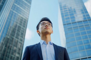Fototapeta premium a man in a suit and glasses standing in front of tall buildings