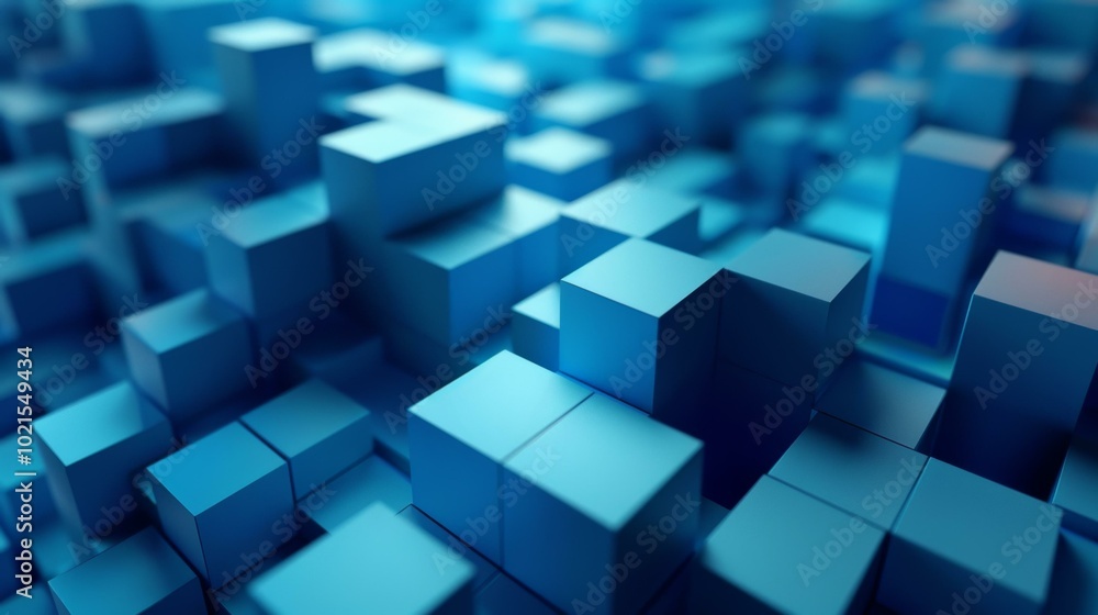 Poster blue abstract 3d background of randomly arranged cubes