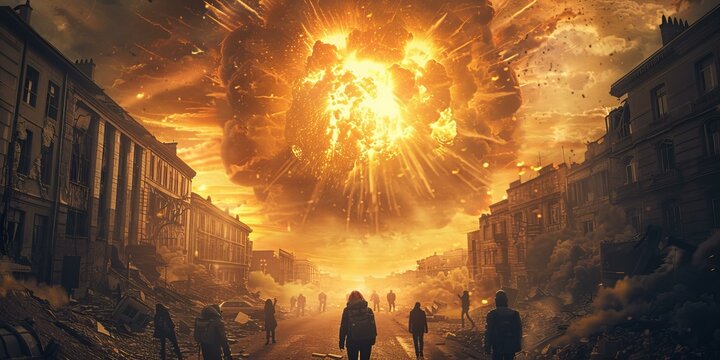 A group of people walking through a destroyed city
