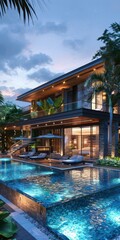 Luxury Villa with Stunning Pool at Dusk
