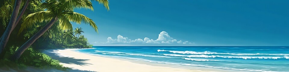 Fototapeta premium A serene beach with palm trees and a clear sky, perfect for text