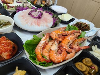 Korean Seafood. Grilled Shrimp on a Plate