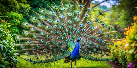 Obraz premium Stunning blue peacock displaying its vibrant feathers in a lush garden setting, nature at its finest
