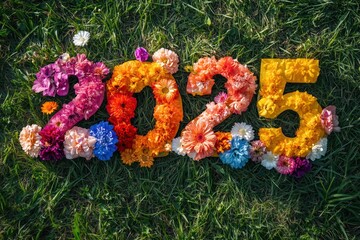 Colorful Floral 2025 Design on Green Grass Background