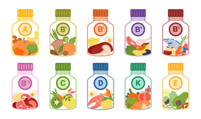 Vitamin enriched food in bottles set. Infographic poster, glass jars contain vegetables and fruits, meat and fish, milk with labels of vitamins set