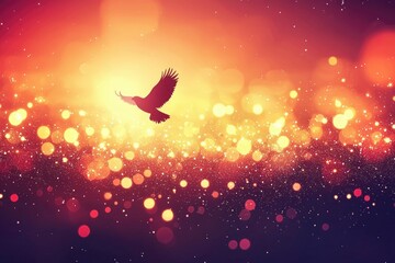 Fototapeta premium Silhouetted Bird Soaring Through a Golden and Red Sky with Sparkling Lights