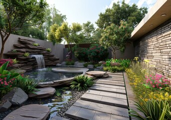 Fototapeta premium Modern Backyard Garden Design with Waterfall Feature