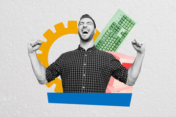 Composite photo collage of happy it master programmer fix broken pc screen monitor qwerty keypad...