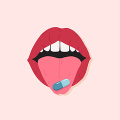 Obraz premium Woman's red lips with tongue. Open female mouth with tongue hanging out holding a blue pill capsule. Drug lying in the mouth. Cartoon flat design, hand drawn vector illustration.