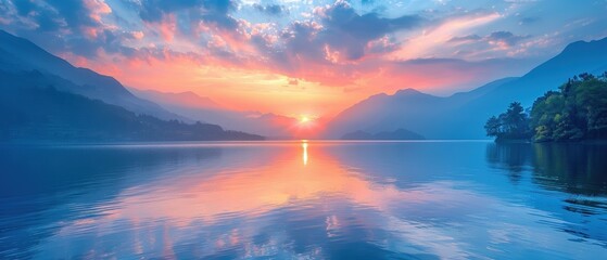 Serene Sunrise Over Calm Lake and Reflective Sky