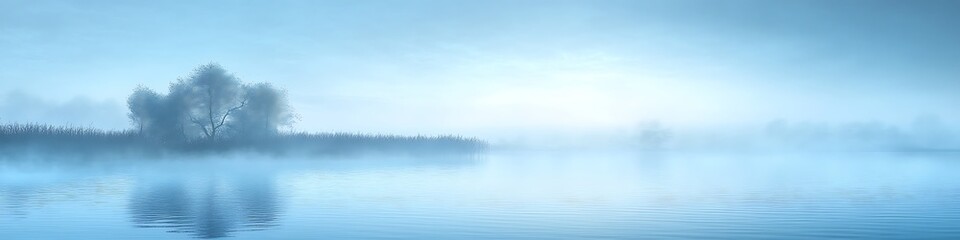 Fototapeta premium A serene, foggy morning over a calm lake with space for text