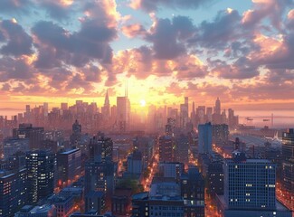 Fototapeta premium Sunrise over a Cityscape of Skyscrapers