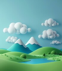 Cartoonish Landscape with Mountains and Clouds