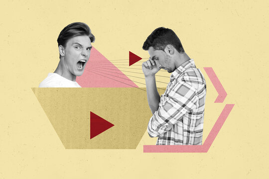 Composite trend artwork sketch collage of beige color backdrop young man scream crazy critic office manager colleague stress depression