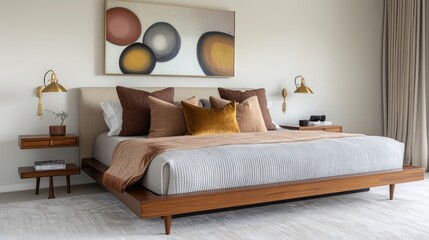 A luxurious mid-century bedroom with a teak platform bed