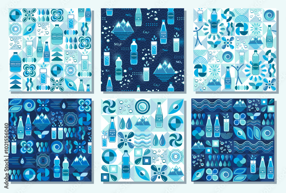 Poster patterns with water icons, design elements in flat simple geometric style. seamless background with 