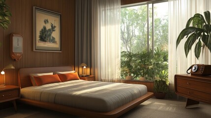 A mid-century inspired guest bedroom with a cozy bed