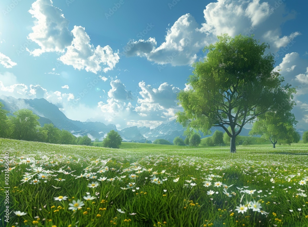 Poster Spring Meadow Landscape Illustration