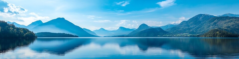 Fototapeta premium A serene lake with mountains in the distance and space for text