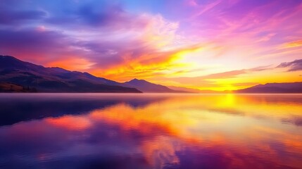 Fototapeta premium A beautiful sunset over a lake with mountains in the background