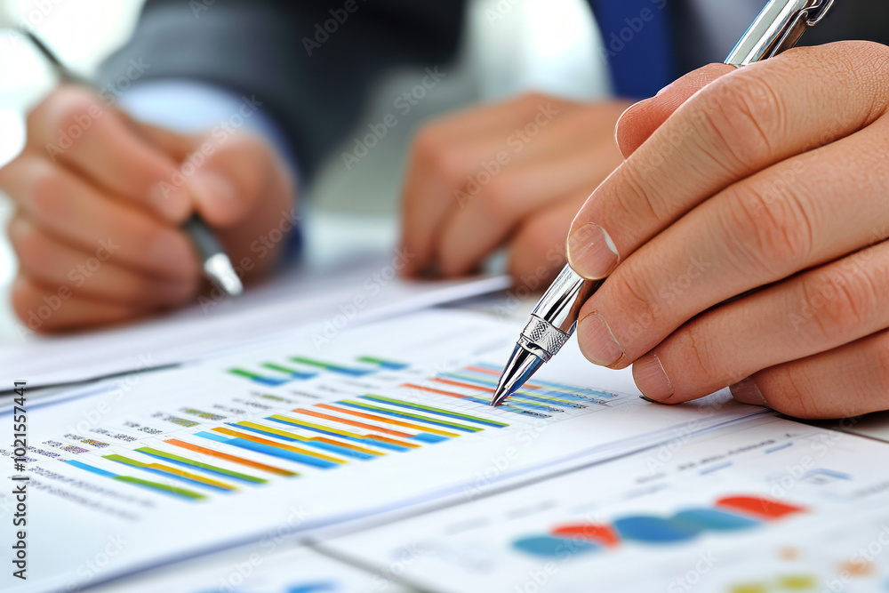 Wall mural close up of hands of business people sitting at table and analyzing reports with graphs and data