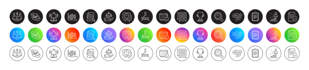 Paint roller, Square area and Brand line icons. Round icon gradient buttons. Pack of Statistics, Stats, Certificate icon. Digestion, Clock, Meeting pictogram. Vector