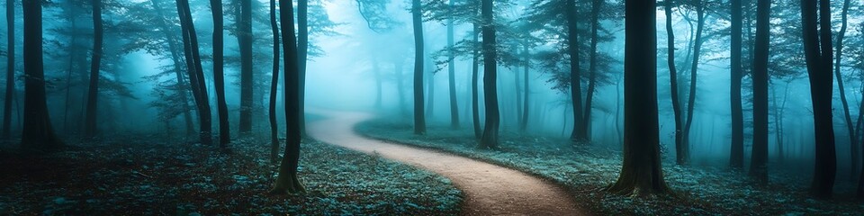 Fototapeta premium A serene, misty forest with a winding path and space for text